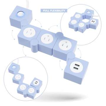 iJoy Flexible Power Strip - 3 AC Outlets and 2 USB Charging Ports with Blue Extension Cord, Power Strips with Surge Protection, Decorative Surge Protector Outlet Extender for Home, Office, and More