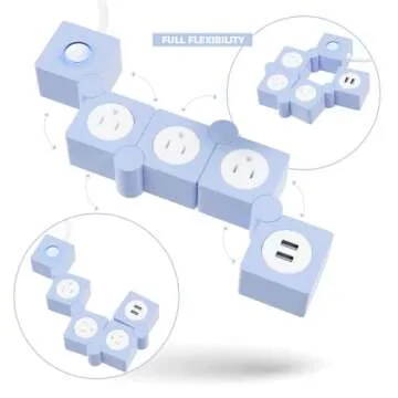 iJoy Flexible Power Strip - 3 AC Outlets and 2 USB Charging Ports with Blue Extension Cord, Power Strips with Surge Protection, Decorative Surge Protector Outlet Extender for Home, Office, and More