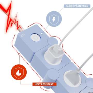 iJoy Flexible Power Strip - 3 AC Outlets and 2 USB Charging Ports with Blue Extension Cord, Power Strips with Surge Protection, Decorative Surge Protector Outlet Extender for Home, Office, and More