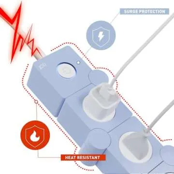 iJoy Flexible Power Strip - 3 AC Outlets and 2 USB Charging Ports with Blue Extension Cord, Power Strips with Surge Protection, Decorative Surge Protector Outlet Extender for Home, Office, and More