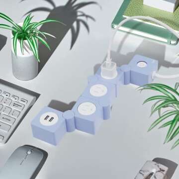 iJoy Flexible Power Strip - 3 AC Outlets and 2 USB Charging Ports with Blue Extension Cord, Power Strips with Surge Protection, Decorative Surge Protector Outlet Extender for Home, Office, and More