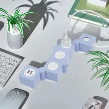 iJoy Flexible Power Strip - 3 AC Outlets and 2 USB Charging Ports with Blue Extension Cord, Power Strips with Surge Protection, Decorative Surge Protector Outlet Extender for Home, Office, and More