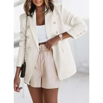 Happy Sailed Tweed Blazers for Women Trendy Casual Lapel Collar Double Breasted Blazer Jackets Formal Office Long Sleeve Open Front Professional Business Work Suits White Large