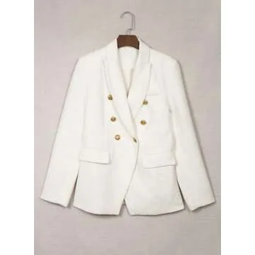 Happy Sailed Tweed Blazers for Women Trendy Casual Lapel Collar Double Breasted Blazer Jackets Formal Office Long Sleeve Open Front Professional Business Work Suits White Large