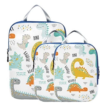 Oyihfvs Kids Dinosaurs Colorful Dinos Seamless On White 3 Set Packing Cubes, Travel Packing Organize...