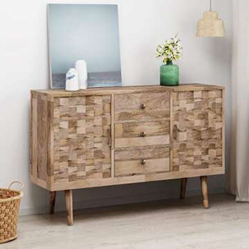 Great Deal Furniture GDFStudio Mid-Century Modern Mango Wood 3 Drawer Sideboard with 2 Doors, Natura...