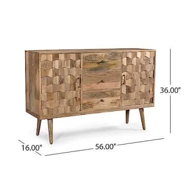 Great Deal Furniture GDFStudio Mid-Century Modern Mango Wood 3 Drawer Sideboard with 2 Doors, Natural