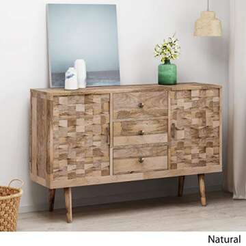 Great Deal Furniture GDFStudio Mid-Century Modern Mango Wood 3 Drawer Sideboard with 2 Doors, Natural