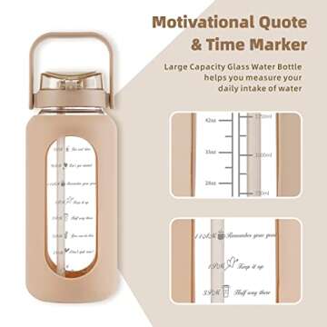 SIEROZUR 74oz Glass Water Bottle with Straw 2.2L Large Gallon Motivational Water Bottle with Handle and Time Marker Wide Mouth Water Jug with Silicone Sleeve