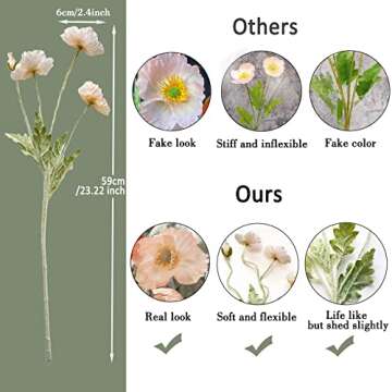 Kainonnan Artificial Flowers 5Pcs Poppies Flowers Artificial Silk Flowers for Home Office Wedding Outdoor Decor (Champagne)