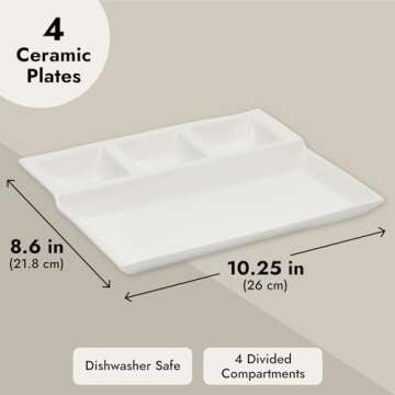 Juvale 4 Pack White Ceramic Divided Plates with Sauce Compartments – Fondue Plates for Appetizers, Dumplings, Fondue (10.25x8.6 Inch)