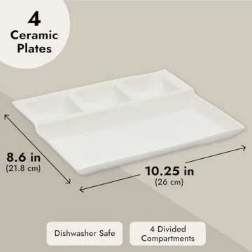Juvale 4 Pack White Ceramic Divided Plates with Sauce Compartments – Fondue Plates for Appetizers, Dumplings, Fondue (10.25x8.6 Inch)