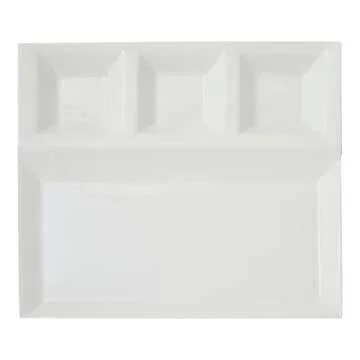 Juvale 4 Pack White Ceramic Divided Plates with Sauce Compartments – Fondue Plates for Appetizers, Dumplings, Fondue (10.25x8.6 Inch)