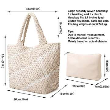 Queenoris Fashion Woven Tote Bag for Women, Shopper Bag Soft Vegan Leather Hand-woven Handbag with Purse
