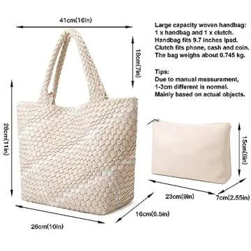 Queenoris Fashion Woven Tote Bag for Women, Shopper Bag Soft Vegan Leather Hand-woven Handbag with Purse