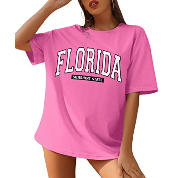 MISSACTIVER Women Florida Letter Graphic Print Tee Shirt Oversized Short Sleeve Crew Neck Drop Shoul...