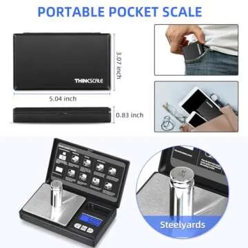 THINKSCALE 𝗚𝗿𝗮𝗺 𝗦𝗰𝗮𝗹𝗲, 𝟮𝟬𝟬𝗴/𝟬.𝟬𝟭𝗴 Mini Pocket Scale with 6 Units, Steelyards, Tare, Scales Digital Weight Grams for Jewelry, Medicine, Coffee, Herb, Cal Weight Included