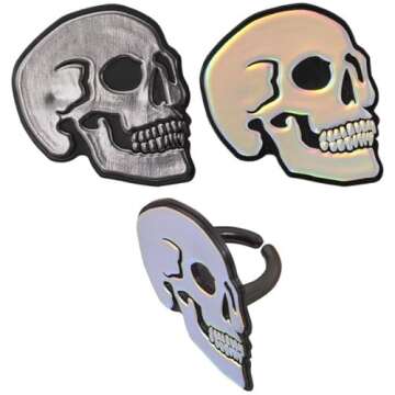 Decopac Metallic Shimmer Skull Halloween Cupcake Rings Toppers 24 Count, Silver