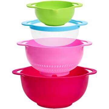 Yopay Set of 16 Plastic Mixing Bowls, Kitchen Nesting Bowls for Travel Trailer RV Camping, 2 Mixing Bowls, 1 Colander Mesh Strainer with Handles, 1 Sifter and 12 Measuring Cups for Baking Cooking