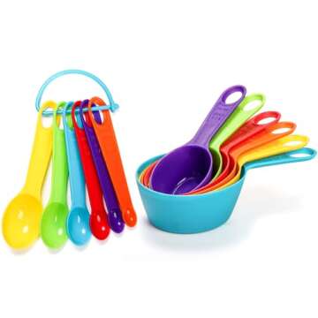 Yopay Set of 16 Plastic Mixing Bowls, Kitchen Nesting Bowls for Travel Trailer RV Camping, 2 Mixing Bowls, 1 Colander Mesh Strainer with Handles, 1 Sifter and 12 Measuring Cups for Baking Cooking