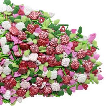 SE Si&Moos Valentine’s Day Sprinkles-Edible Hearts and Roses Sprinkles, Red Pink and Green Sprinkles, Pink and Red Heart Confetti Sprinkles for Cake Decorations, Baking, Ice Cream, Cookies, Cupcake Toppers 3 OZ