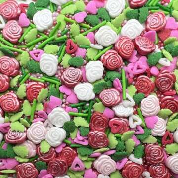 SE Si&Moos Valentine’s Day Sprinkles-Edible Hearts and Roses Sprinkles, Red Pink and Green Sprinkles, Pink and Red Heart Confetti Sprinkles for Cake Decorations, Baking, Ice Cream, Cookies, Cupcake Toppers 3 OZ