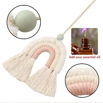 BOHO GARDEN Macrame Rainbow Charm - Essential Oil Diffuser for Cars, Baby Nursery, Children's Bedroom & Home Decor - Colorful Decorative Hanging Air Freshener & Accessories - 3x3.5 - Soft Pink