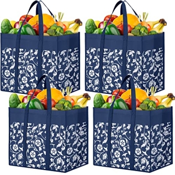 WOWBOX Reusable Grocery Bags - Foldable Heavy Duty Tote Bags with Waterproof Coating - 4-Pack, Blue