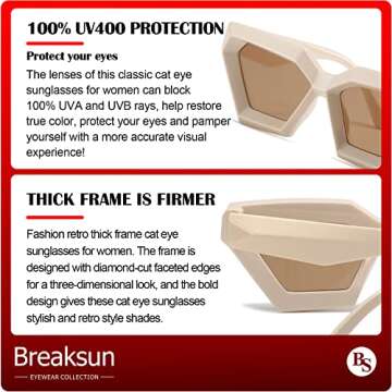 Breaksun Thick Frame Cat Eye Sunglasses for Women Vintage Trendy Cateye Sun Glasses Retro Style Shades (Beige)