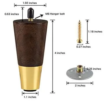 ALAMHI Wood Furniture Leg Sofa Legs 4 Inch Brown Round Tapered Mid-Century Modern Feet with Brass Base Replacement legs for Cabinets,Coffee Table,Ottoman,TV Stand,Loveseat,Armchair Set of 4