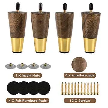 ALAMHI Wood Furniture Leg Sofa Legs 4 Inch Brown Round Tapered Mid-Century Modern Feet with Brass Base Replacement legs for Cabinets,Coffee Table,Ottoman,TV Stand,Loveseat,Armchair Set of 4