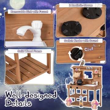 BRINJOY Mud Kitchen Playset for Kids, Wooden Magic Kitchen Set w/Wand, Recipe, Removable Sink, Fauce...