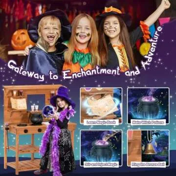 BRINJOY Mud Kitchen Playset for Kids, Wooden Magic Kitchen Set w/Wand, Recipe, Removable Sink, Faucet, Stove, Toddler Outdoor Pretend Play Kitchen, Witch Role Play, Fairy Potion, Gift for Boys Girls