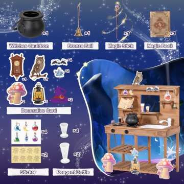 BRINJOY Mud Kitchen Playset for Kids, Wooden Magic Kitchen Set w/Wand, Recipe, Removable Sink, Faucet, Stove, Toddler Outdoor Pretend Play Kitchen, Witch Role Play, Fairy Potion, Gift for Boys Girls