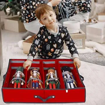 ProPik 2 Pack Christmas Figures Storage Box | Each Holds 4 Holiday Figurines up to 16” | Adjustable Nutcracker Decor Ornament Storage Container | Xmas Decorations Accessories Boxes (Red)