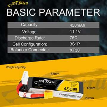 Gens ace Tattu 3S Lipo Battery 11.1V 450mAh 3S 75C Lipo Battery with XT30 Plug - Long SizeFor Micro ...
