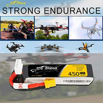 Gens ace Tattu 3S Lipo Battery 11.1V 450mAh 3S 75C Lipo Battery with XT30 Plug - Long SizeFor Micro FPV Racing Drone