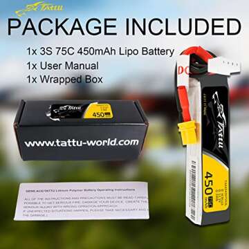 Gens ace Tattu 3S Lipo Battery 11.1V 450mAh 3S 75C Lipo Battery with XT30 Plug - Long SizeFor Micro FPV Racing Drone