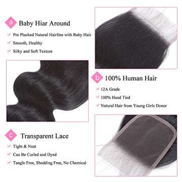 4x4 Transparent HD Lace Closure Only Body Wave Hair Closure Invisible Lace Closure 12A Brazilian Virgin Remy 100% Human Hair Frontal Closure Pre Plucked with Baby Hair Natural Black 16 Inch