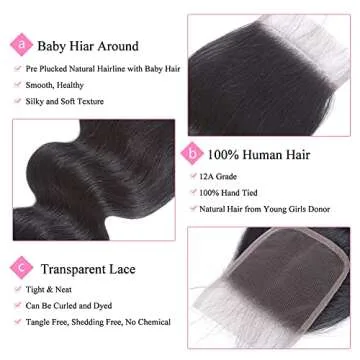 4x4 Transparent HD Lace Closure Only Body Wave Hair Closure Invisible Lace Closure 12A Brazilian Virgin Remy 100% Human Hair Frontal Closure Pre Plucked with Baby Hair Natural Black 16 Inch
