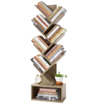 Hoctieon 6 Tier Tree Bookshelf - Tall Bookcase with Drawer for Home Office, Living Room, Bedroom