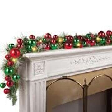 Collections Etc Lighted Colorful Ornament Wreath Garland RED and Green 6" x 6" x 73"