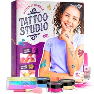 Temporary Shimmery Tattoo Studio Kit for Kids - Glitter & Metallic Fake Tattoos for Girls - Birthday...
