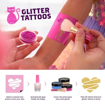 Temporary Shimmery Tattoo Studio Kit for Kids - Glitter & Metallic Fake Tattoos for Girls - Birthday Gift Ideas for Girl - Best Craft Kits Toys Stuff for Ages 6, 7, 8, 9, 10, 11 Year Old - Cool Gifts