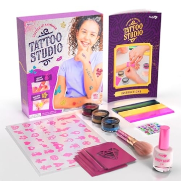 Temporary Shimmery Tattoo Studio Kit for Kids - Glitter & Metallic Fake Tattoos for Girls - Birthday Gift Ideas for Girl - Best Craft Kits Toys Stuff for Ages 6, 7, 8, 9, 10, 11 Year Old - Cool Gifts