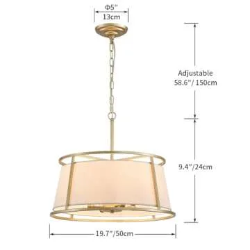 Shrine Lighting Drum Chandeliers, Modern Style, Perfect Pendant Light Fixture for Dining Room, Living Room, D20'' x H9'', Adjustable Chains 59'', E12*4 Sockets, White Lampshade & Brass Finish Frame