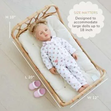 BEBE BASK Large Premium Rattan Doll Bed 20 x 12 x 10- Handcrafted & Award-Winning - Sized for 18-Inch Dolls - Fits American Girl & Our Generation - Luxe Mattress - Baby Photoshoot Props (Large)