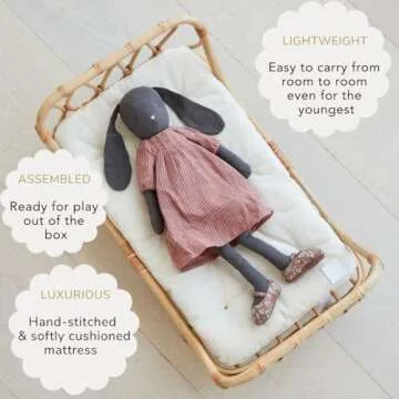 BEBE BASK Large Premium Rattan Doll Bed 20 x 12 x 10- Handcrafted & Award-Winning - Sized for 18-Inch Dolls - Fits American Girl & Our Generation - Luxe Mattress - Baby Photoshoot Props (Large)