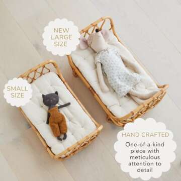 BEBE BASK Large Premium Rattan Doll Bed 20 x 12 x 10- Handcrafted & Award-Winning - Sized for 18-Inch Dolls - Fits American Girl & Our Generation - Luxe Mattress - Baby Photoshoot Props (Large)