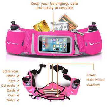 No.1 Hydration Belt by Runtasty - Premium Winners' Running Fuel Belt w/2 BPA-Free 10 oz Water Bottles, Tilt-Up Pocket w/Touchscreen-Ready Cover - Fits All iPhones, No-Bounce Design (Hot Pink)